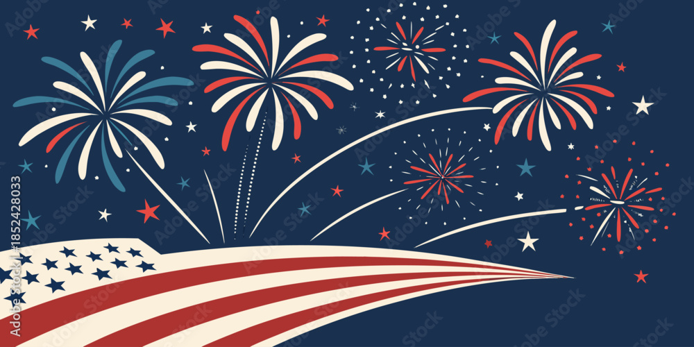 Fototapeta premium USA Independence Day fireworks border with American flag elements, patriotic Fourth of July vector background.