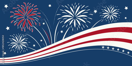 Patriotic Fourth of July background with fireworks border and USA flag design, red white blue vector illustration.