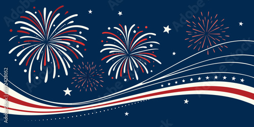 Fourth of July vector background with red white blue fireworks, USA flag border, festive patriotic celebration design.