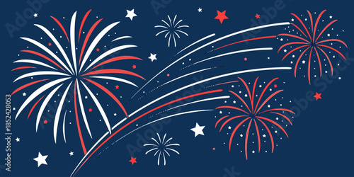 Fourth of July celebration background with USA flag pattern and fireworks border, festive patriotic vector illustration.