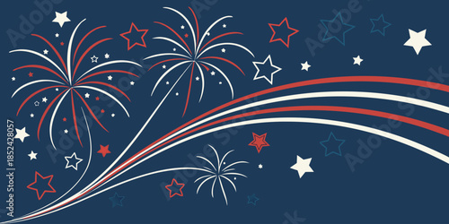 Independence Day background with American flag and fireworks border, clean modern patriotic vector design.