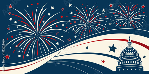 USA Independence Day background with fireworks border and American flag design, red white blue patriotic vector.