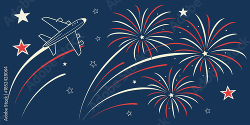 Fourth of July festive background featuring USA flag stripes, star pattern, and fireworks border, premium patriotic vector.