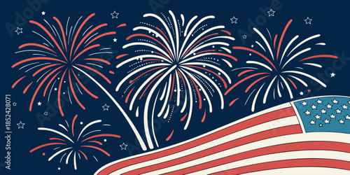 Patriotic Fourth of July vector background featuring American flag stripes, stars, and fireworks decorative border.