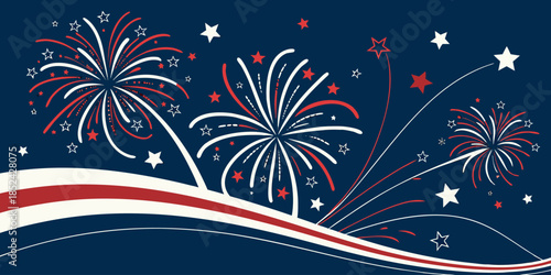 Fourth of July background with USA flag elements and fireworks border, patriotic red, white, and blue festive vector illustration.
