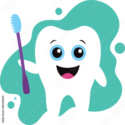 Happy cartoon tooth character holding a blue toothbrush with green splashes