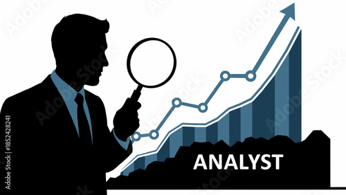 Business Analyst examining data trends and market growth with magnifying glass