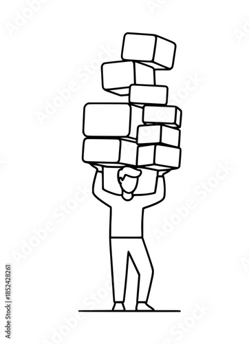 Line art illustration of a person struggling to carry a tall stack of boxes overhead, representing burden or hard work