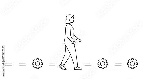 Simple line illustration of a woman walking past gears and equals signs on a horizontal line representing progress and process