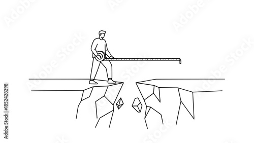 Man standing on cliff edge holding a tape measure stretched across a chasm illustrating a business challenge or problem solving concept
