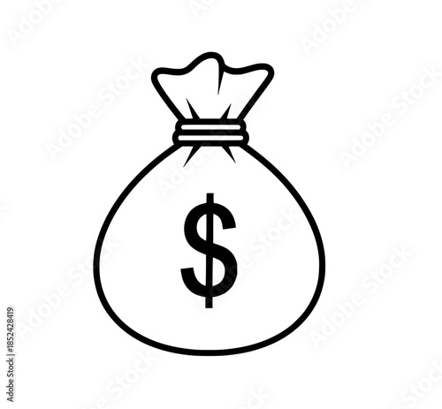 Black and white illustration of a money bag with a dollar sign graphic on a white background, representing wealth and finance