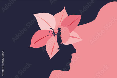 Woman profile with blooming flower and little girl silhouette inside head, modern flat vector illustration symbolizing inner child, self love, healing, mental health and feminine growth