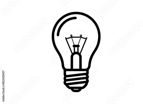 Black and white line art illustration of a classic incandescent light bulb with visible filament and screw base on a white background