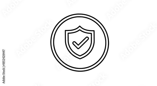 Shield icon with checkmark in circle, security symbol, protection sign, safety logo, verified badge, guarantee mark, secure check, approved emblem, warranty icon, black and white