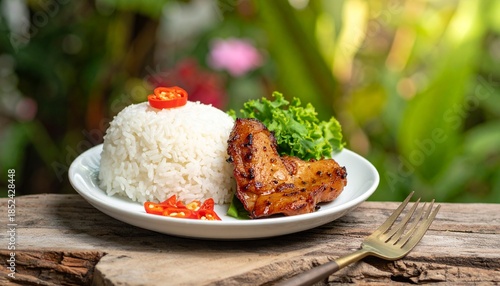 Delicious Grilled Chicken with Rice and Vegetables on a White Plate, Outdoor Setting.