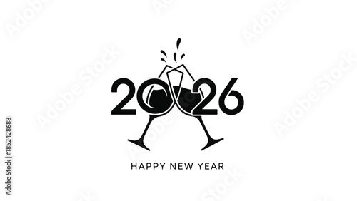 Cheers to a sparkling new year celebration with clinking champagne glasses and the year 2026.