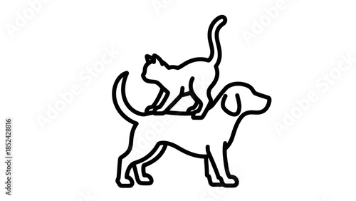 Adorable minimalist line art illustration featuring a playful cat riding on a dog's back