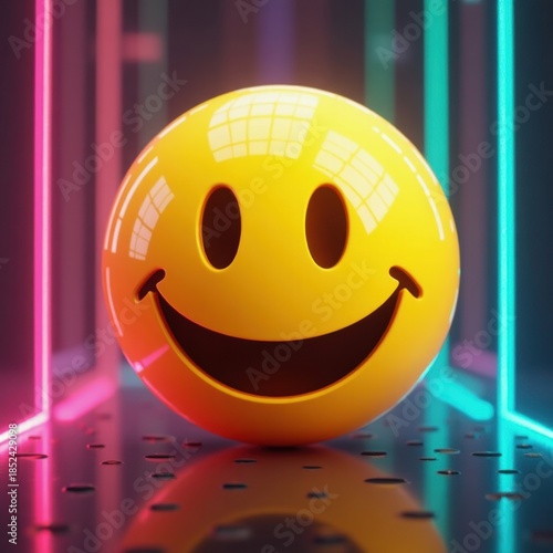 Wallpaper Mural Bright yellow smiley ball on neon background Torontodigital.ca