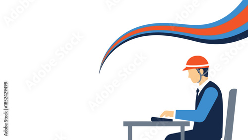 A Construction Worker Working at a Desk with an Abstract Background Design