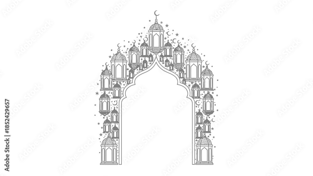 Fototapeta premium Elegant Islamic Arch Design with Lanterns and Crescent Moons in Outline Style