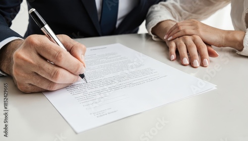 Close-up of couple signing legal contract or marriage agreement document with pen at table, business partnership concept, professional hands writing on paperwork

