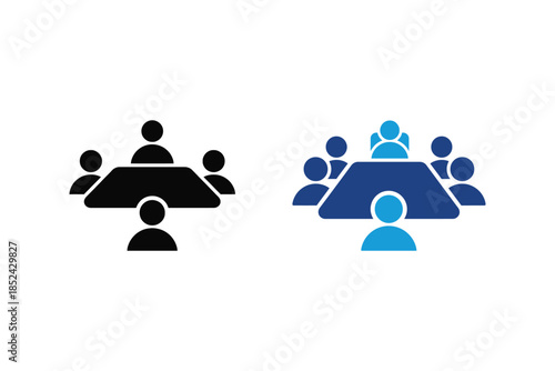 people sitting around a table in two color versions