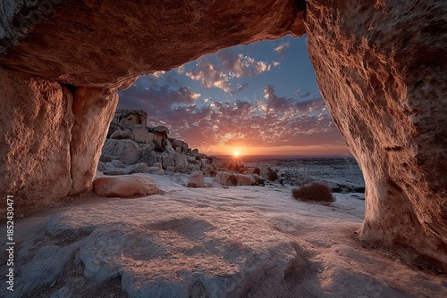 A tranquil landscape showing the tomb entrance in silhouette
