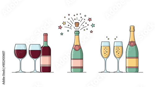 Festive Celebration Illustration with Wine and Champagne Glasses.