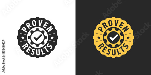 Proven results label featuring proven results stamp vector for packaging design elements, advertising promotion badges, and business product validation stickers in professional flat style.