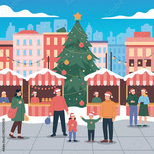 Christmas Market with Shopping People and Festival Xmas Tree on City Square Vector Illustration