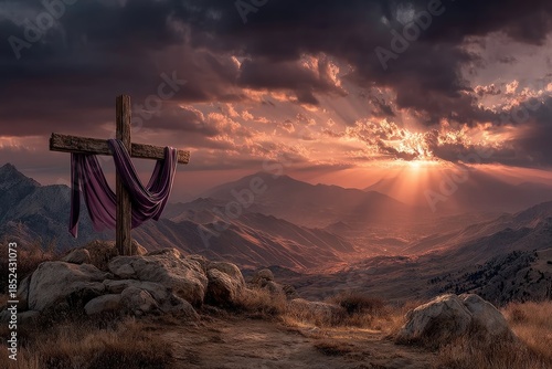 A weathered wooden cross with a purple cloth flowing gently
