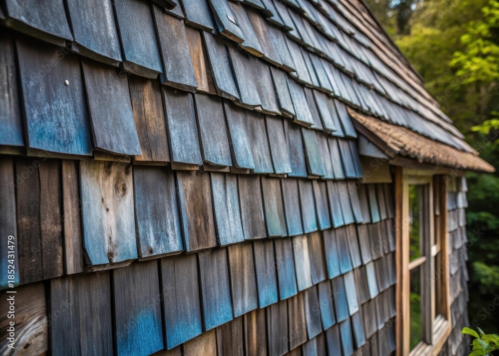 Naklejka premium Here is the generated output Weathered blue shingles add character to a rustic exterior wall