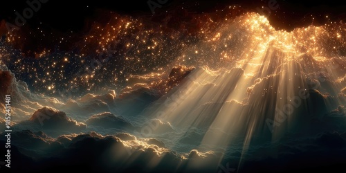 A wide shot of ethereal golden rays diffusing