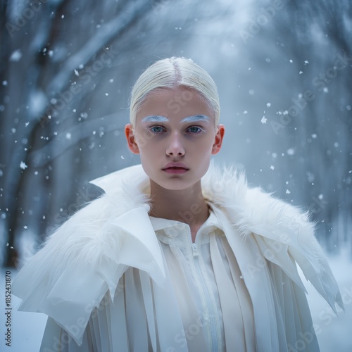 Ethereal blonde woman in white feathered coat standing in snowy forest, winter fantasy portrait with magical atmosphere and soft falling snow
