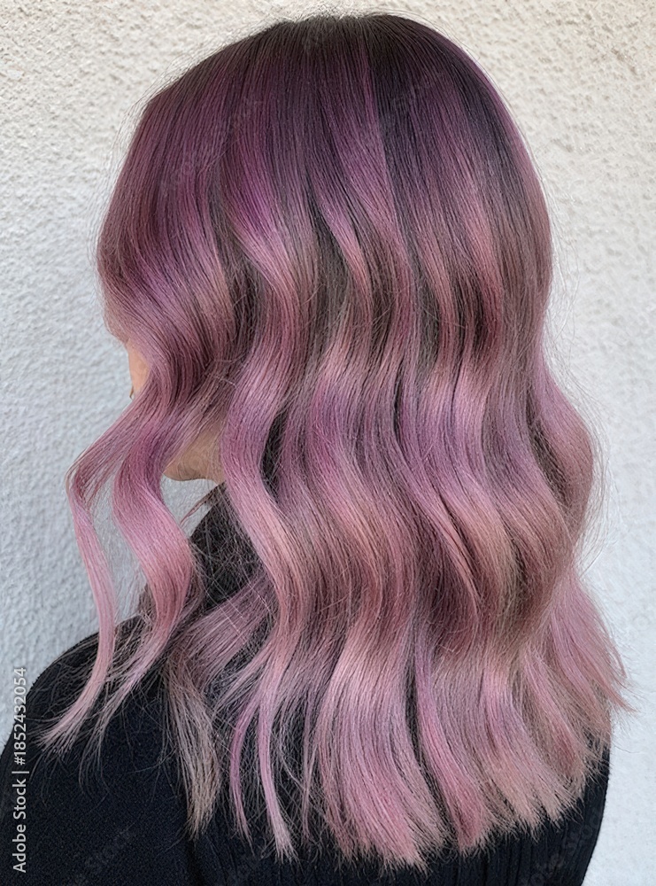 Fototapeta premium Soft Lavender to Pink Ombre Waves, Back View of Trendy Pastel Hair for Beauty, Salon & Fashion Content