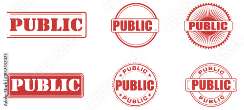 Public text rubber stamp set featuring circle and rectangle shapes with grunge weathered textures for official document verification and business office paperwork vector illustration.