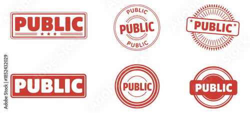 Public text rubber stamp set featuring circle and rectangle shapes with grunge weathered textures for official document verification and business office paperwork vector illustration.