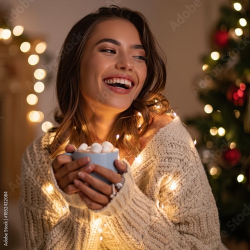 Radiant Woman Smiling with Hot Cocoa Amid Twinkling Fairy Lights, Cozy Christmas Vibe for Holiday Marketing & Lifestyle Content