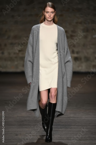 Female Model Striding Down Runway in Minimalist Cream Dress and Oversized Gray Cardigan, Modern High-Fashion Editorial Look
