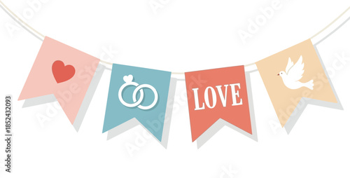 Romantic Wedding Bunting Flags with Love and Heart Symbols.