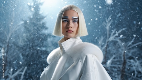 Futuristic Woman in White Cape Amid Snowfall, Sci-Fi Winter Portrait for Fashion, Fantasy and Conceptual Branding