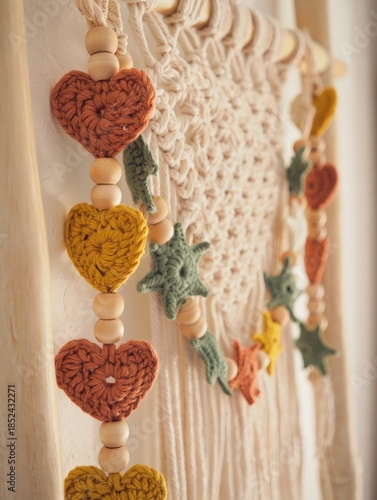 Handmade Macrame Wall Hanging with Crocheted Hearts and Stars, Boho Home Decor for Cozy, Romantic Interiors