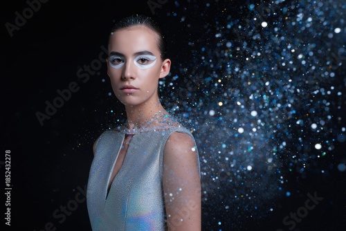 Mysterious Woman with Cosmic Glitter Effect, Ethereal Beauty Portrait for Fashion, Fantasy and Luxury Branding