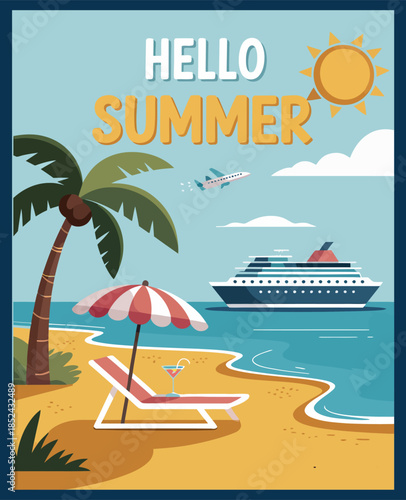 Hello Summer Travel Poster – Sunny Beach Sea Holiday Flat Vector Illustration