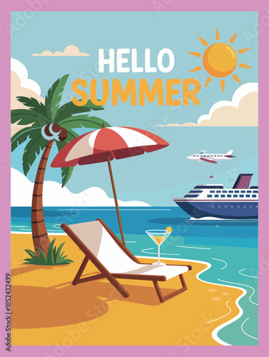 Hello Summer Travel Poster, Sunny Beach Scene with Cruise Liner and Palm Trees
