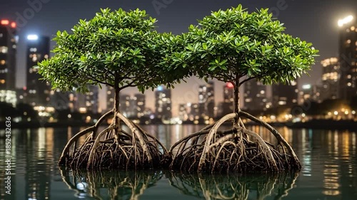 Two mangrove trees with exposed roots sit in water with a blurred cityscape background at night