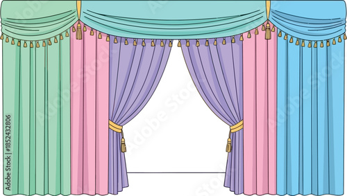 Vintage Pastel Stage Curtains with Elegant Theatrical Draping.