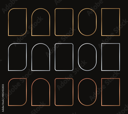 geometric frames in art deco style. Luxury gold silver Copper borders for for wedding invitation. Thin line oval and rectangle set for invitation decoration. Vector illustration isolated on black back