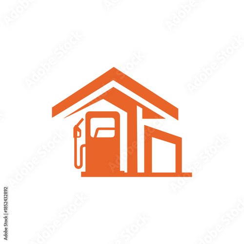 Gas station building with fuel pump icon in orange color.