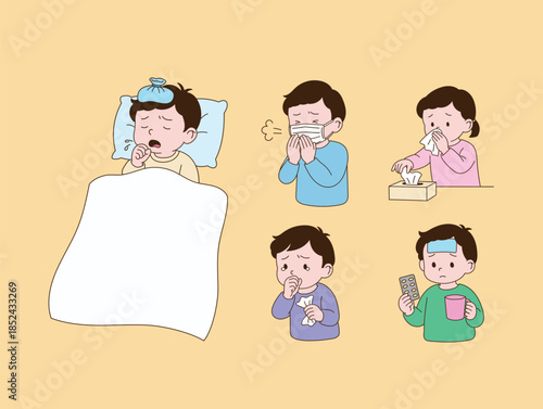 children with a cold. Simple line drawing illustration.